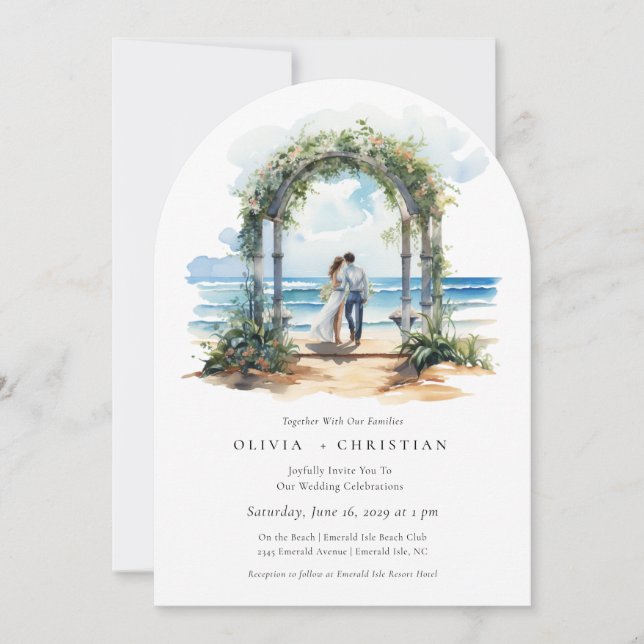 Invitación a la boda de un arco costero en la play (Anverso)