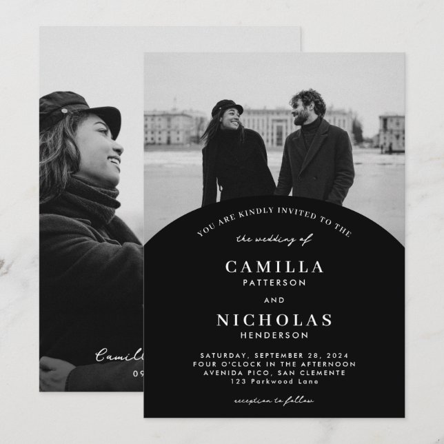 Invitación a la boda de un arco de fotos negro mod (Anverso / Reverso)
