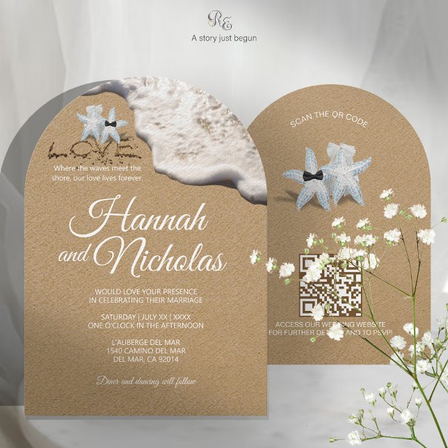 Invitación a la boda de un arco de Starfish Beach  (Elegant arched wedding invitation styled with veil and baby’s breath accents.)