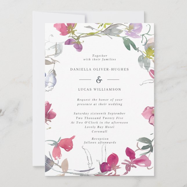 Invitación a la boda de un dulce morado y rosado (Anverso)