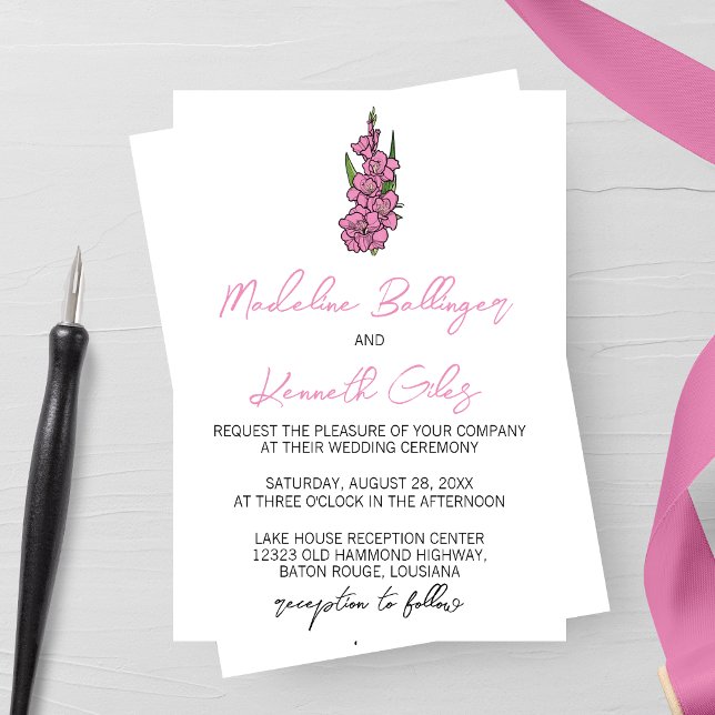 Invitación a la boda de un gladiolo rosado minimal (Subido por el creador)