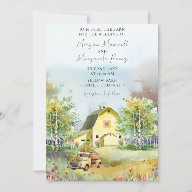 Invitación a la boda de un granero amarillo de ver (Anverso)