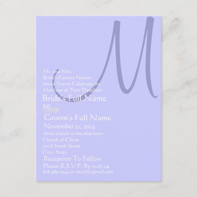Invitación a la boda de un monograma azul Periwink (Anverso)