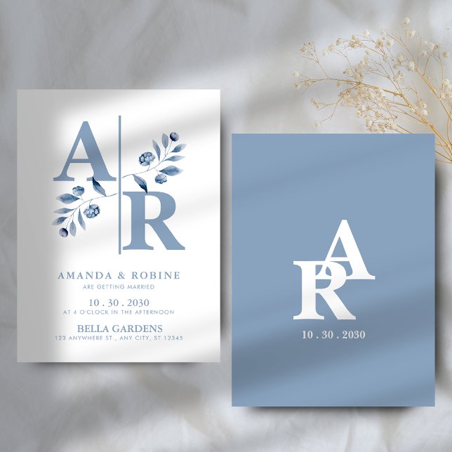 Invitación a la boda de un monograma azul turbio (Subido por el creador)