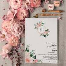 Invitación a la boda de un monograma blanco floral