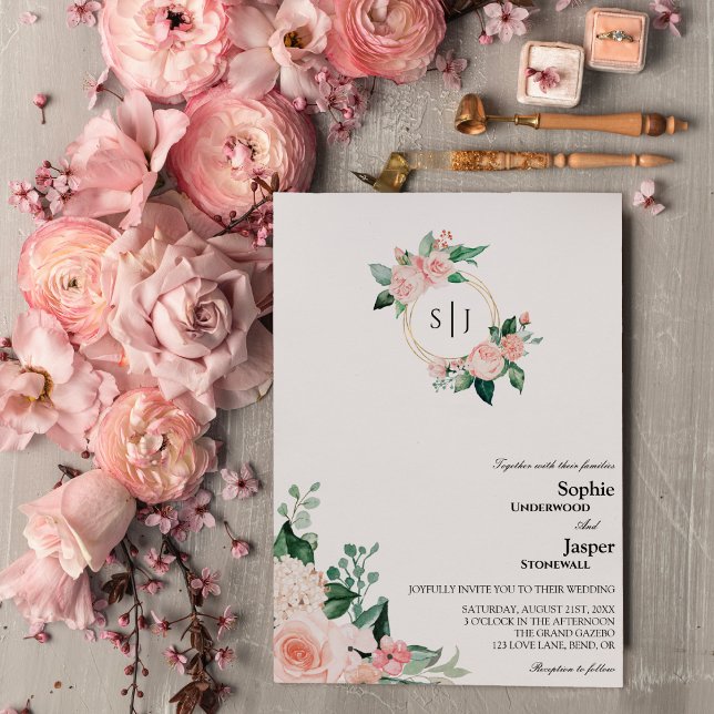 Invitación a la boda de un monograma blanco floral (Subido por el creador)