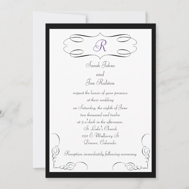 Invitación a la boda de un monograma blanco negro (Anverso)