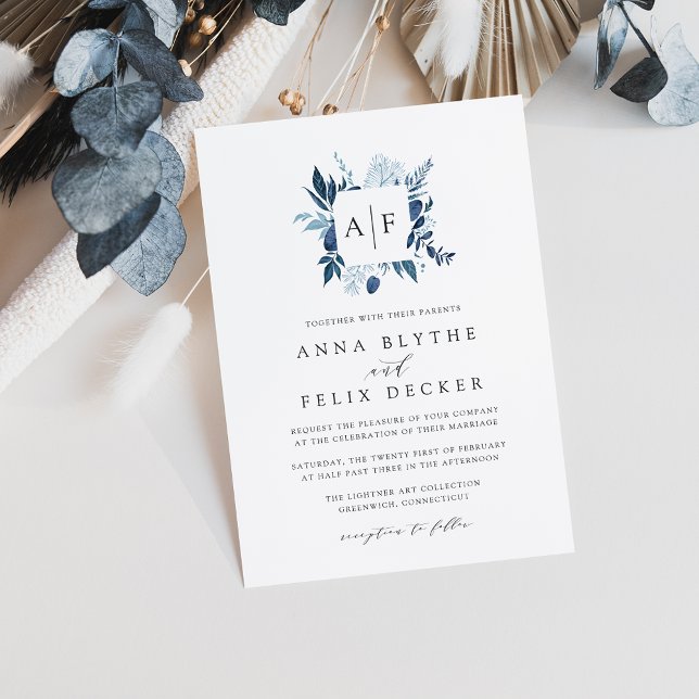 Invitación a la boda de un monograma de Azure salv (Subido por el creador)