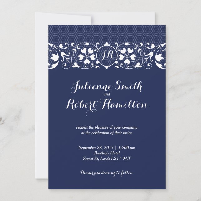 Invitación a la boda de un monograma de canto azul (Anverso)