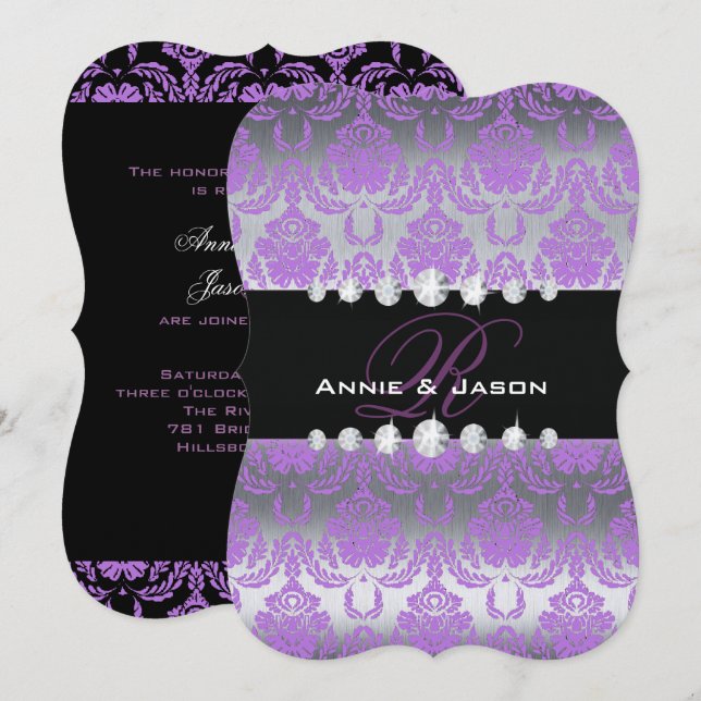 Invitación a la boda de un monograma de Damasco Pú (Anverso / Reverso)