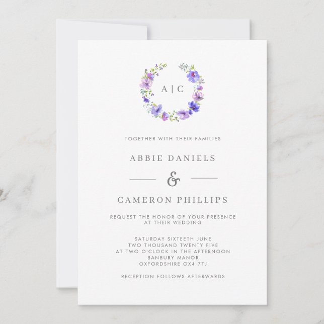 Invitación a la boda de un monograma de floral vio (Anverso)