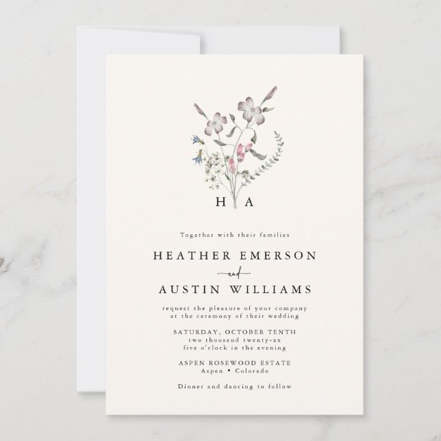 Invitación a la boda de un monograma floral (Anverso)
