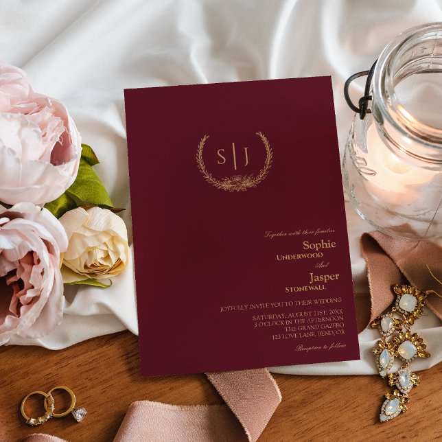Invitación a la boda de un monograma floral de oro (Subido por el creador)