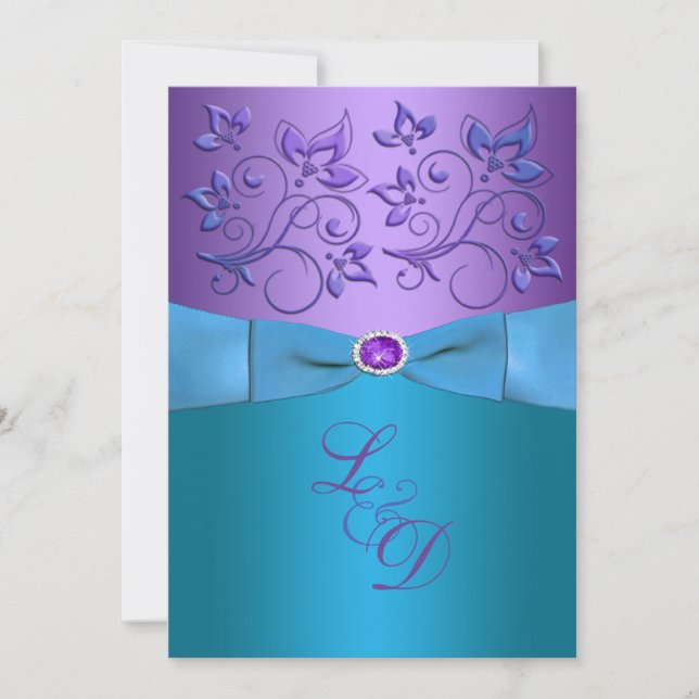 Invitación a la boda de un monograma floral morado (Anverso)