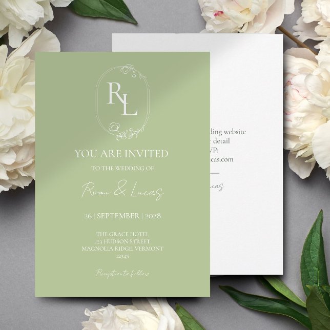 Invitación a la boda de un monograma floral verde  (Subido por el creador)