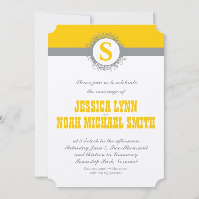 Invitación a la boda de un monograma gris amarillo (Anverso)