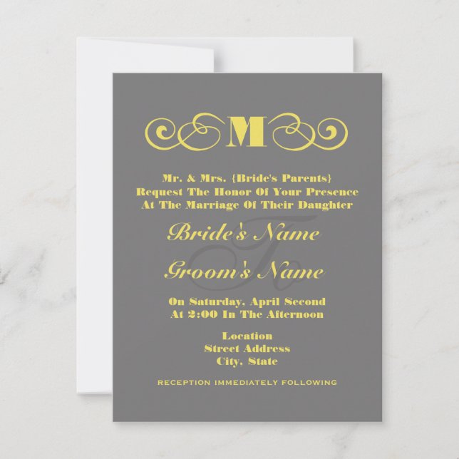 Invitación a la boda de un monograma gris y amaril (Anverso)