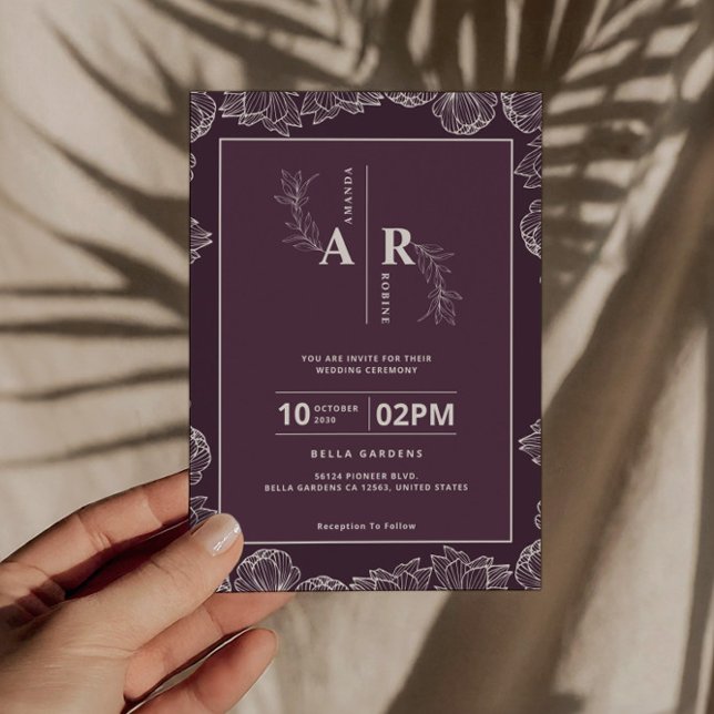 Invitación a la boda de un monograma morado floral (Subido por el creador)