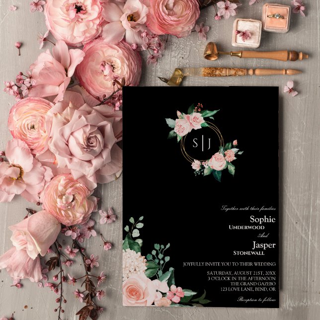 Invitación a la boda de un monograma negro con flo (Subido por el creador)