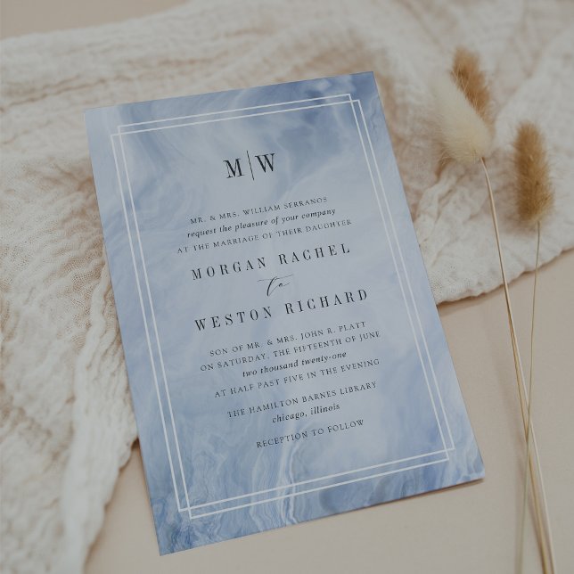 Invitación a la boda de un monograma óptico azul (Subido por el creador)