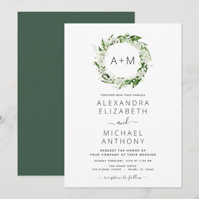 Invitación a la boda de un monograma verde esmeral (Anverso / Reverso)