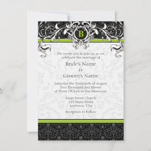 Invitación a la boda de un monograma verde limón n (Anverso)