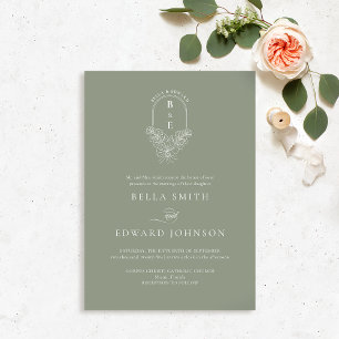 Invitación a la boda de un monograma verde sabio