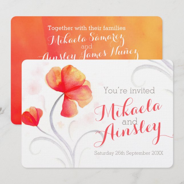 Invitación a la boda de un naranja de flores silve (Anverso / Reverso)