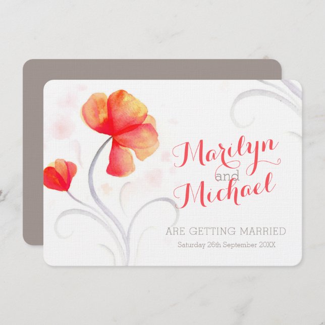 Invitación a la boda de un naranja de flores silve (Anverso / Reverso)