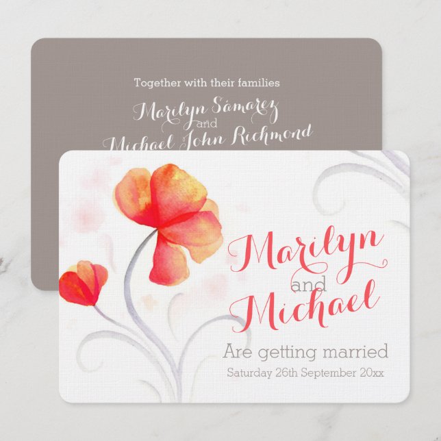 Invitación a la boda de un naranja de flores silve (Anverso / Reverso)