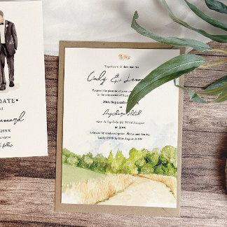 Invitación a la boda de un paisaje acuático rústic