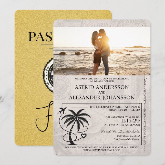 Invitación a la boda de un pasaporte amarillo de F (Anverso / Reverso)