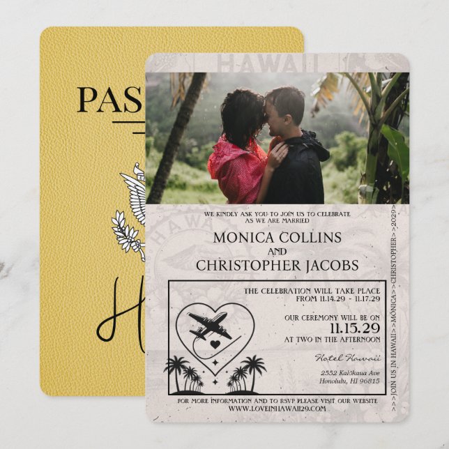 Invitación a la boda de un pasaporte hawaiano amar (Anverso / Reverso)