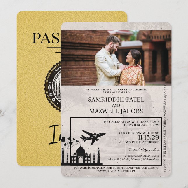 Invitación a la boda de un pasaporte indio amarill (Anverso / Reverso)