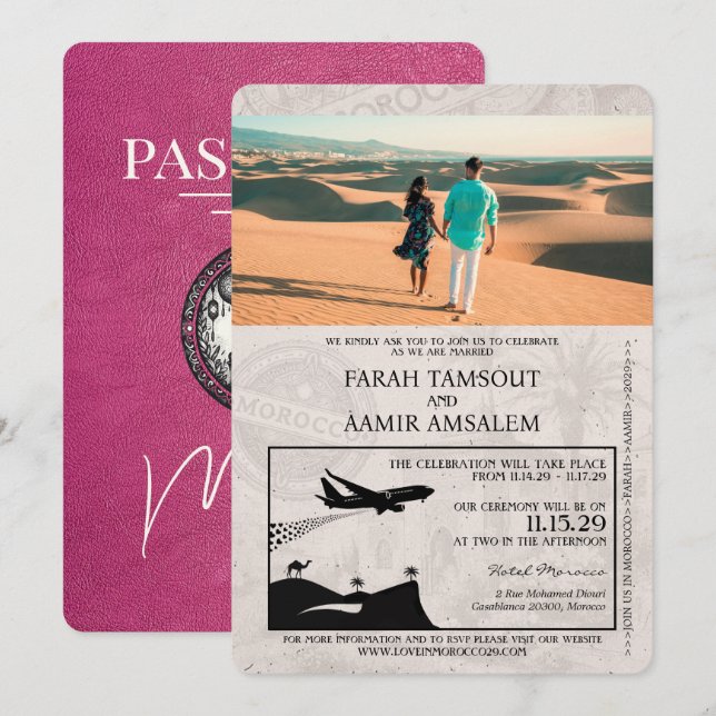 Invitación a la boda de un pasaporte marroquí rosa (Anverso / Reverso)