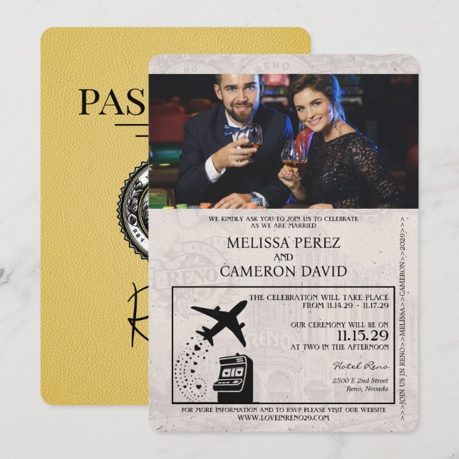 Invitación a la boda de un pasaporte Reno amarillo (Anverso / Reverso)