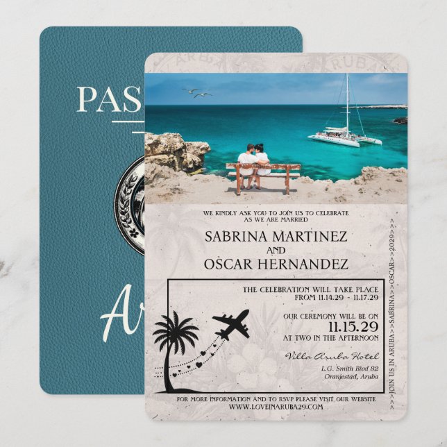 Invitación a la boda de un pasaporte verde azulado (Anverso / Reverso)