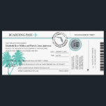 Invitación a la boda de un Pase de Embarque en Flo<br><div class="desc">Diseño de viajes con tarjeta de embarque para tu boda de destino a Florida. Colores GRIS Y MINT VERDES con palmeras. Tiene RSVP "tarjeta de corte" sin embargo USTED NECESITA SUMINISTRAR un sobre de correo 3.5x5. Este corte de la tarjeta RSVP NO es un automailer debido al pequeño tamaño de...</div>