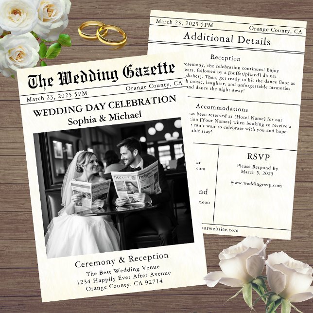Invitación a la boda de un periódico (Newspaper Wedding Invitation The Wedding Gazette)