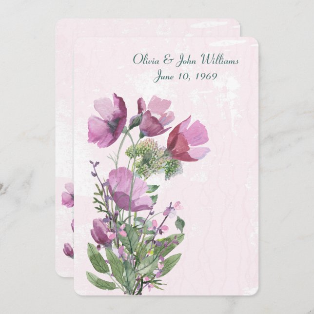 Invitación a la boda de un ramo de adormidera rosa (Anverso / Reverso)