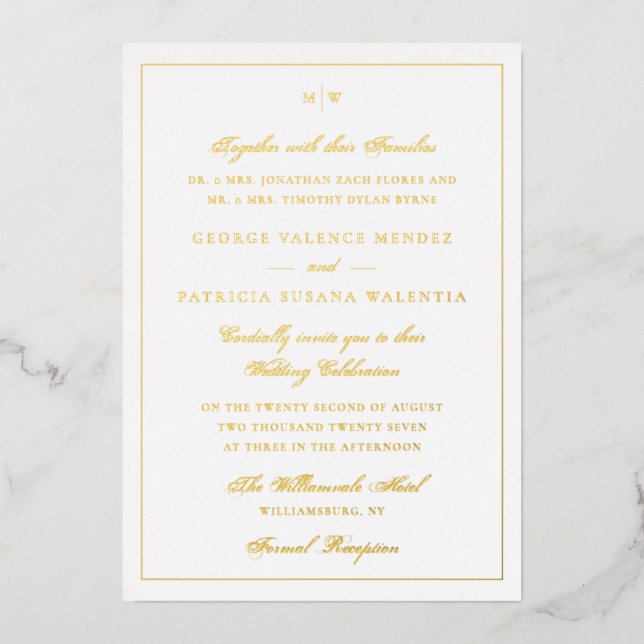 Invitación a la boda de un Relieve metalizado dora (Anverso)