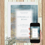 Invitación a la boda de un resumen de playa modern<br><div class="desc">Este diseño presenta una playa abstracta azul y dorada y fondo de agua, con texto en una caja de texto borrosa con spray de mar suave. Moderno y único, es perfecto para una playa o un boda a orillas del agua. Creado por Simply Farmhouse Press, forma parte de la Modern...</div>
