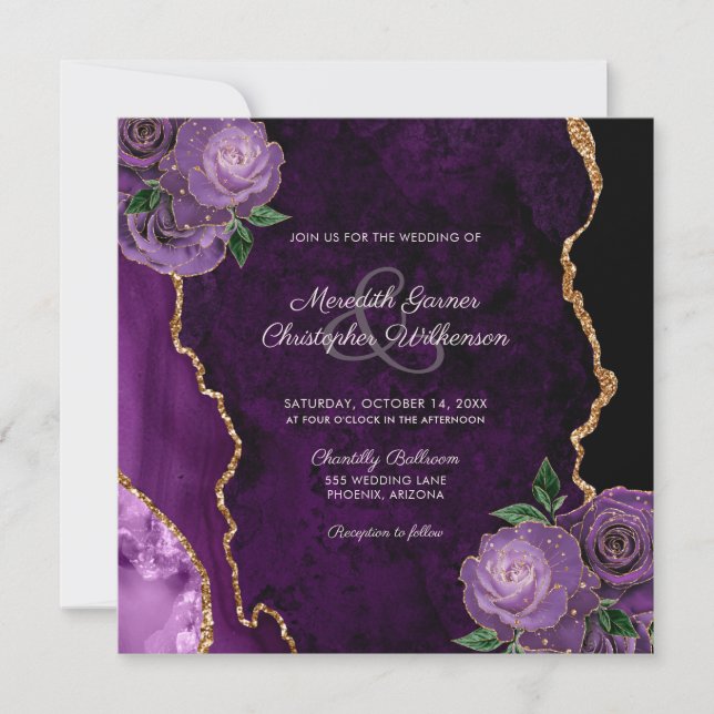 Invitación a la boda de un Rosa con flores moradas (Anverso)