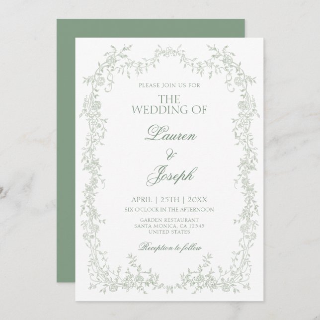 Invitación a la boda de un sage Green Toile (Anverso / Reverso)
