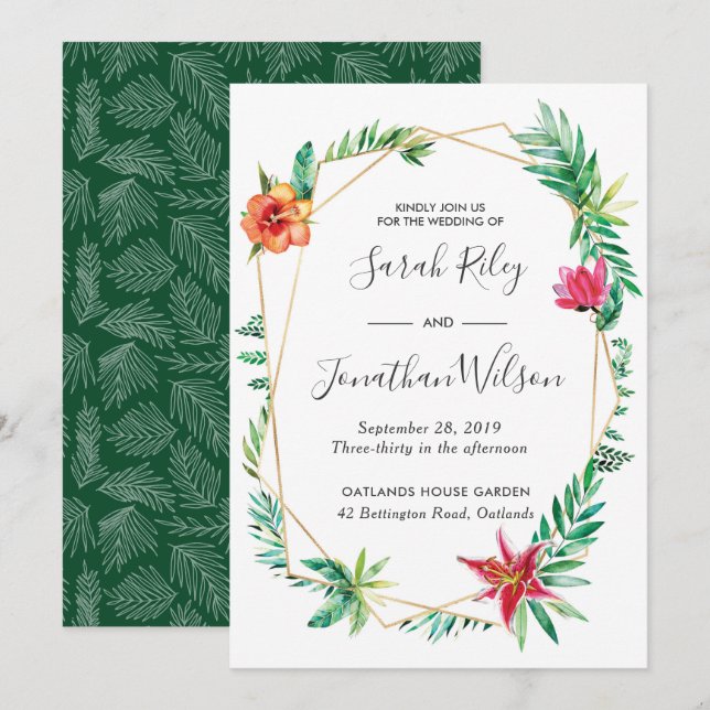 Invitación a la boda de un terrario floral tropica (Anverso / Reverso)