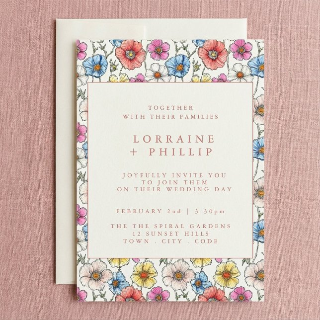 Invitación a la boda de un vibrante patrón de flor (Fun vibrant wildflowers pattern wedding invitation.)