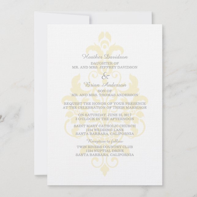 Invitación a la boda de una damasca sutil amarilla (Anverso)