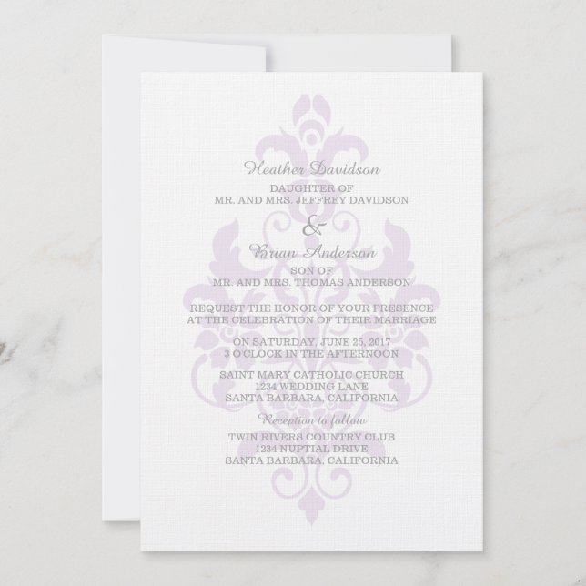 Invitación a la boda de una Damasco morada sutil (Anverso)