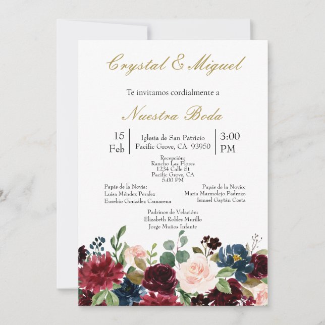 Invitación a la boda de una flor de Borgoña (Anverso)