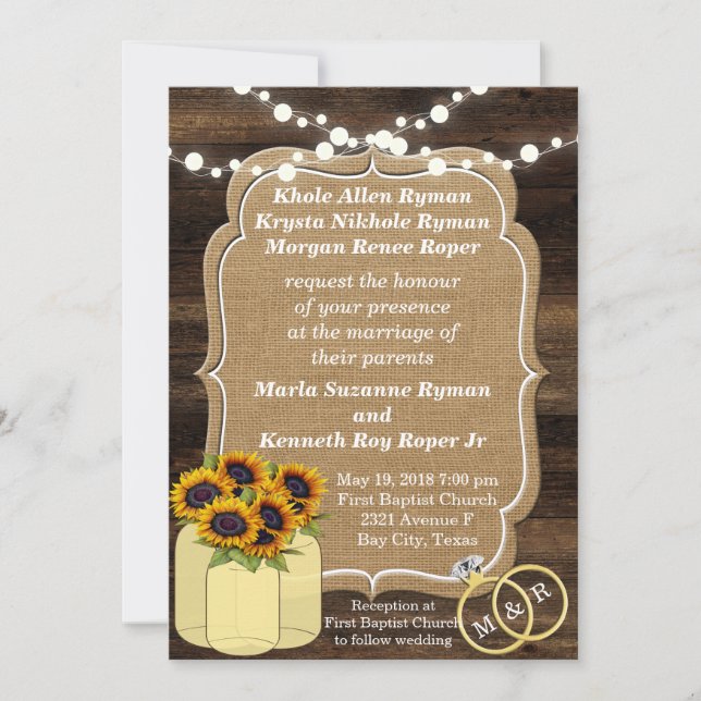Invitación a la boda de una flor de girasol rústic (Anverso)